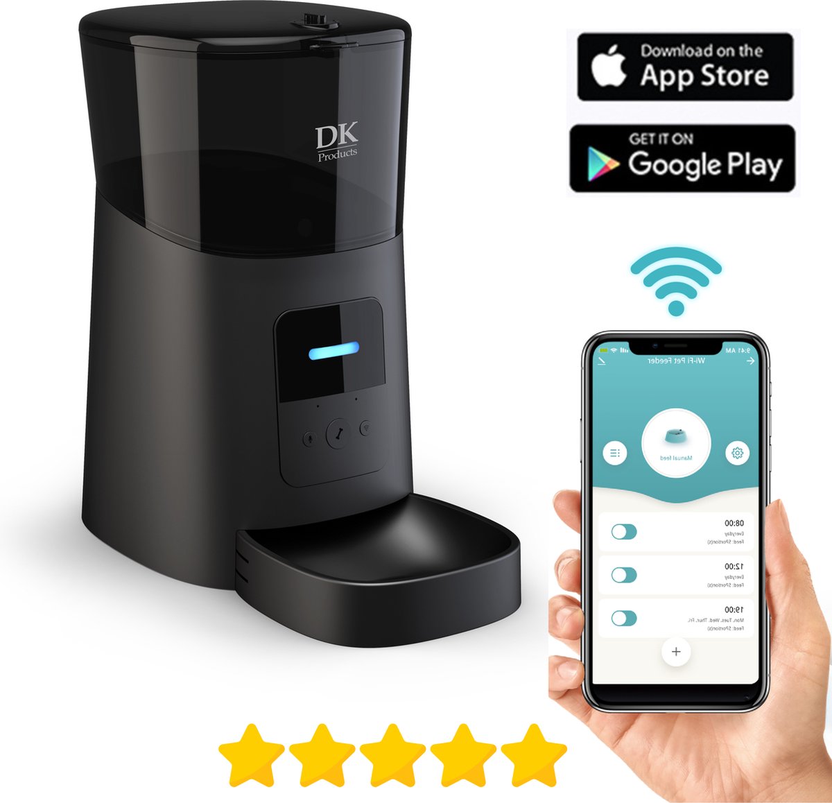 DKProducts.nl Automatische voerbak zwart - Voerautomaat met app - Smartphone Besturing - Voerinhoud 6 Liter - Voor Katten- en Hondenvoer - Droogvoer - Voedingsschema - WiFi - Automatische voerbak kat - Automatische voerbak
