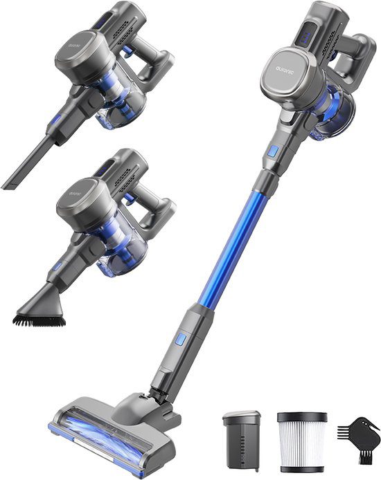 Auronic Steelstofzuiger Draadloos 220W - Draadloze Stofzuiger - HEPA Filter - Zelfstaand - Op Accu - Zonder Zak - Kruimeldief - Vacuum Cleaner - Grijs/Blauw
