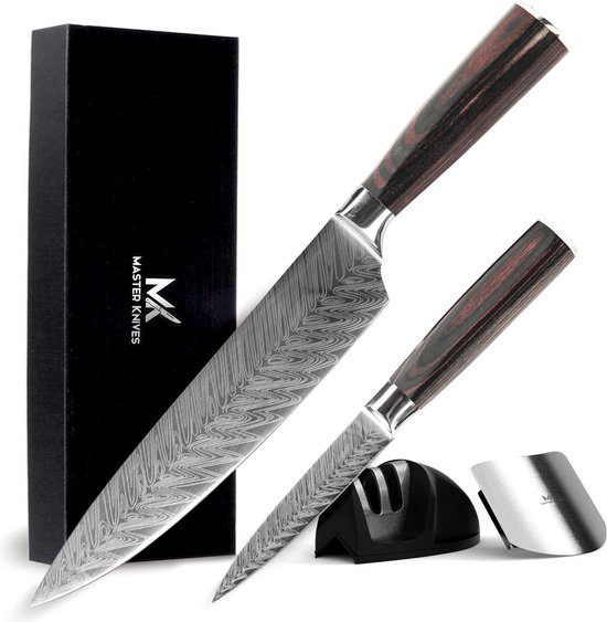 Master Knives Koksmes 20 cm + Groentemes – Met Slijper en Vingerbeschermer – Vlijmscherp Japans Mes - Messenset
