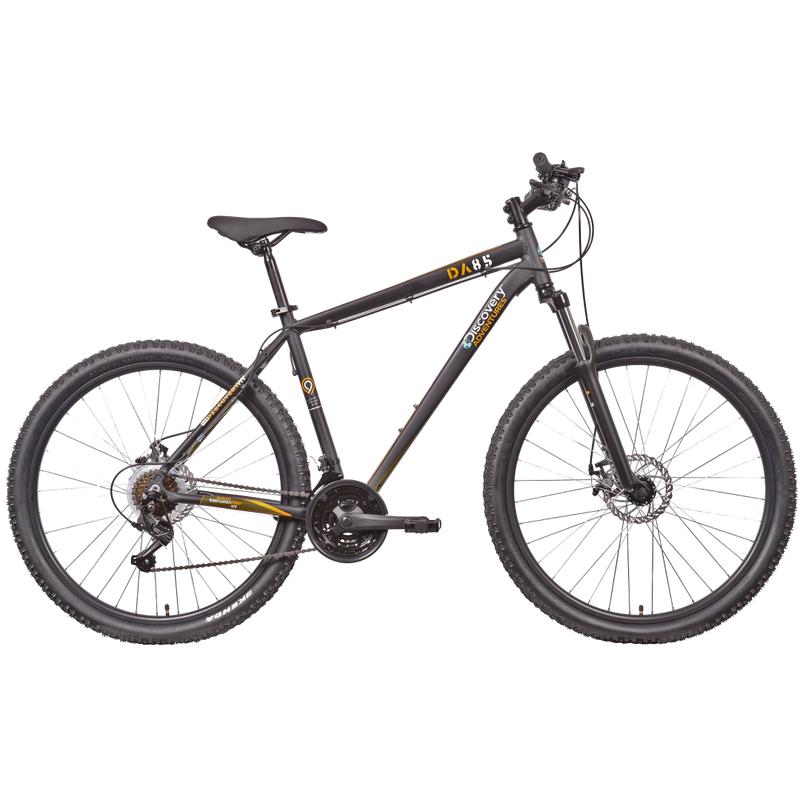 Zijaanzicht van de matzwarte Discovery Adventures DA85 mountainbike