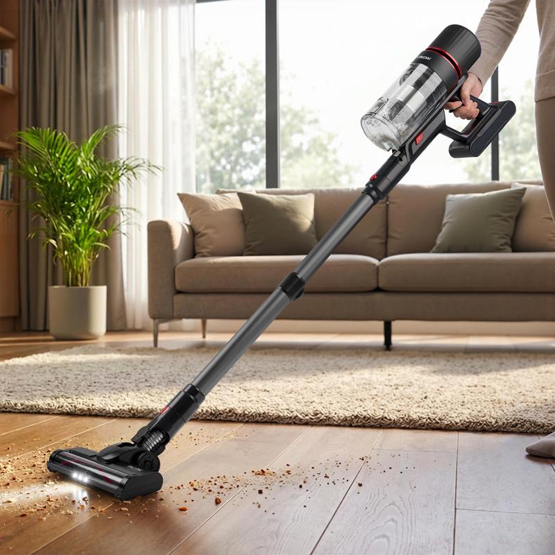 Steelstofzuiger van Action zuigt kruimels op van een houten vloer, met lampjes aan de vloerborstel