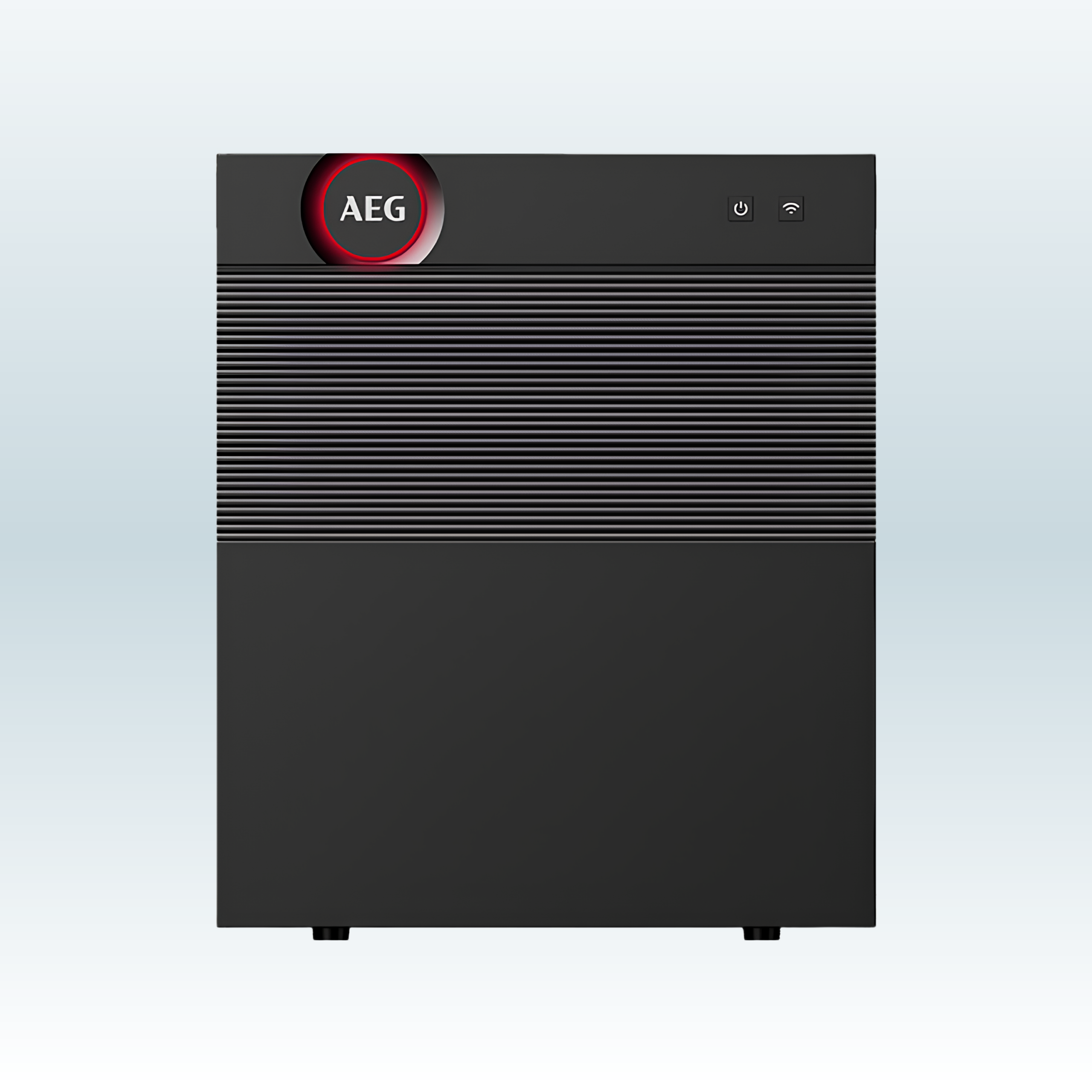 Vooraanzicht van de AEG SolarCube Pro thuisbatterij met het rode AEG-logo Vooraanzicht van de AEG SolarCube Pro thuisbatterij met het rode AEG-logo