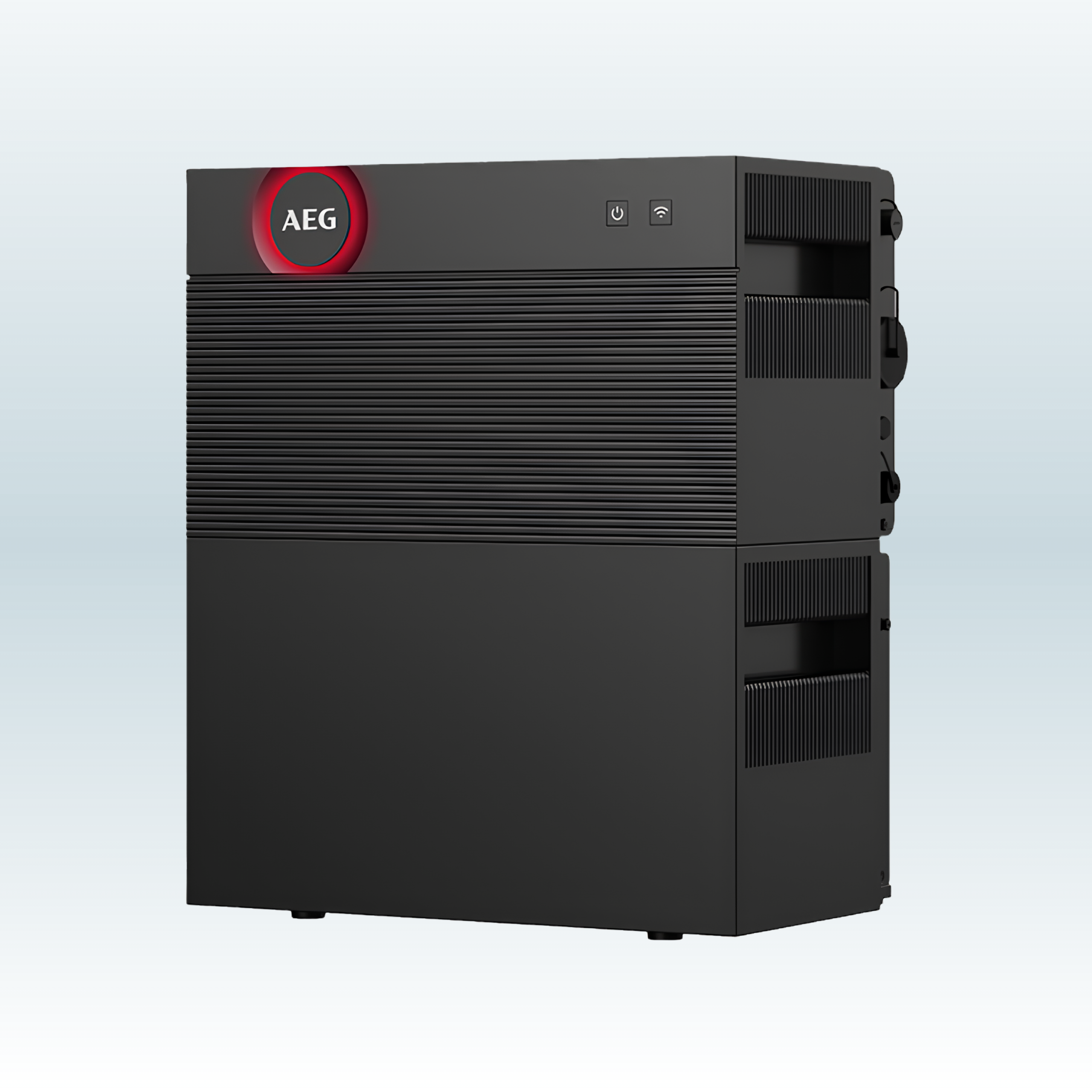 AEG SolarCube Pro van de zijkant, met de basisunit op de batterijmodule AEG SolarCube Pro van de zijkant, met de basisunit op de batterijmodule