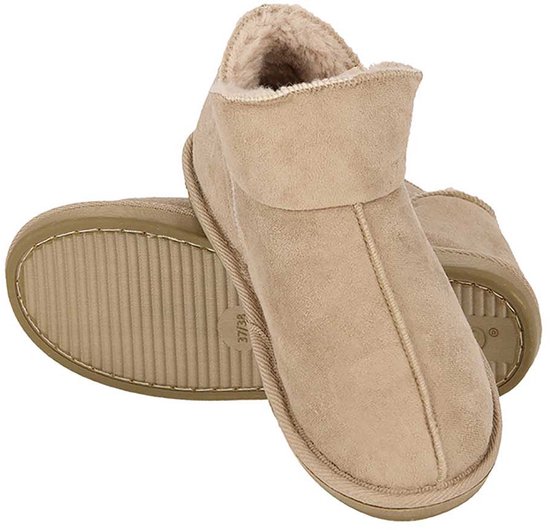 Apollo hoge damespantoffel in beige suède look met harde zool met grip
