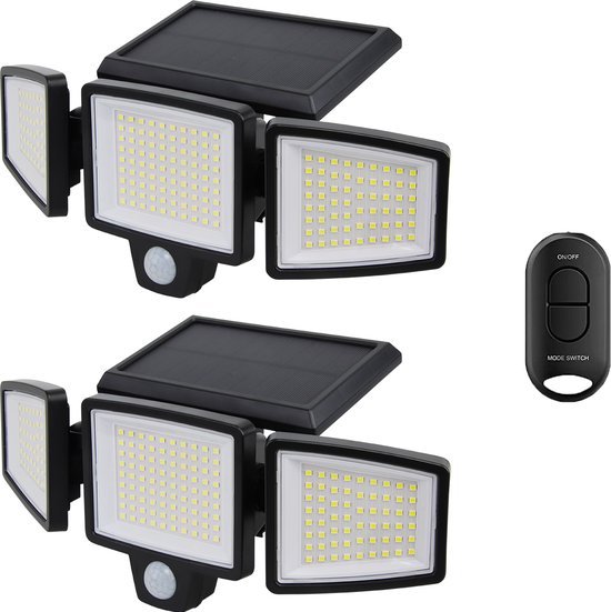 Twee Auronic solar buitenlampen met zonnepaneel, drie lichtvlakken en bewegingssensor