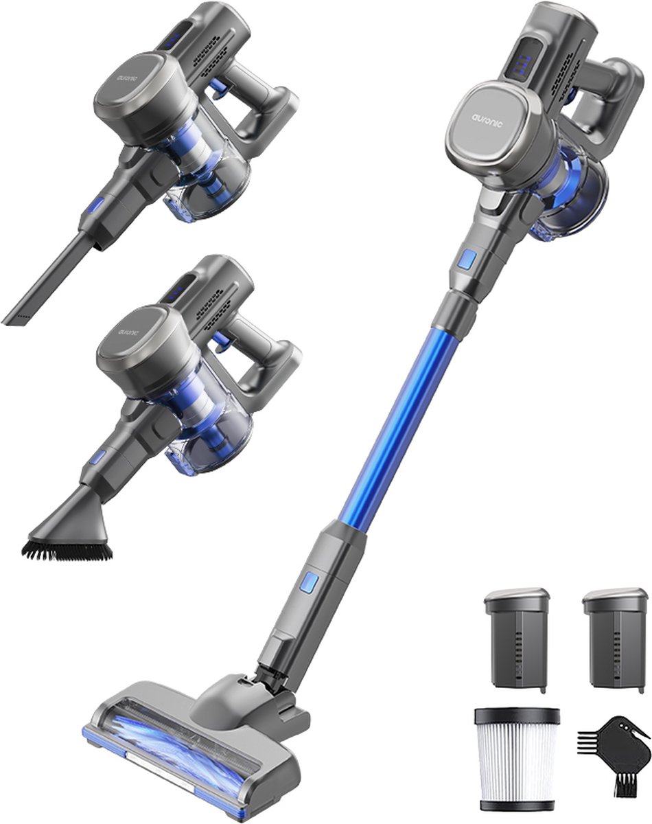 Auronic draadloze steelstofzuiger 220W met extra accu in grijs en blauw