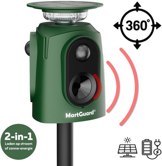 MartGuard dierenverjager outdoor kattenverjager zonne-energie IP65 360 graden ultrasoon tuin