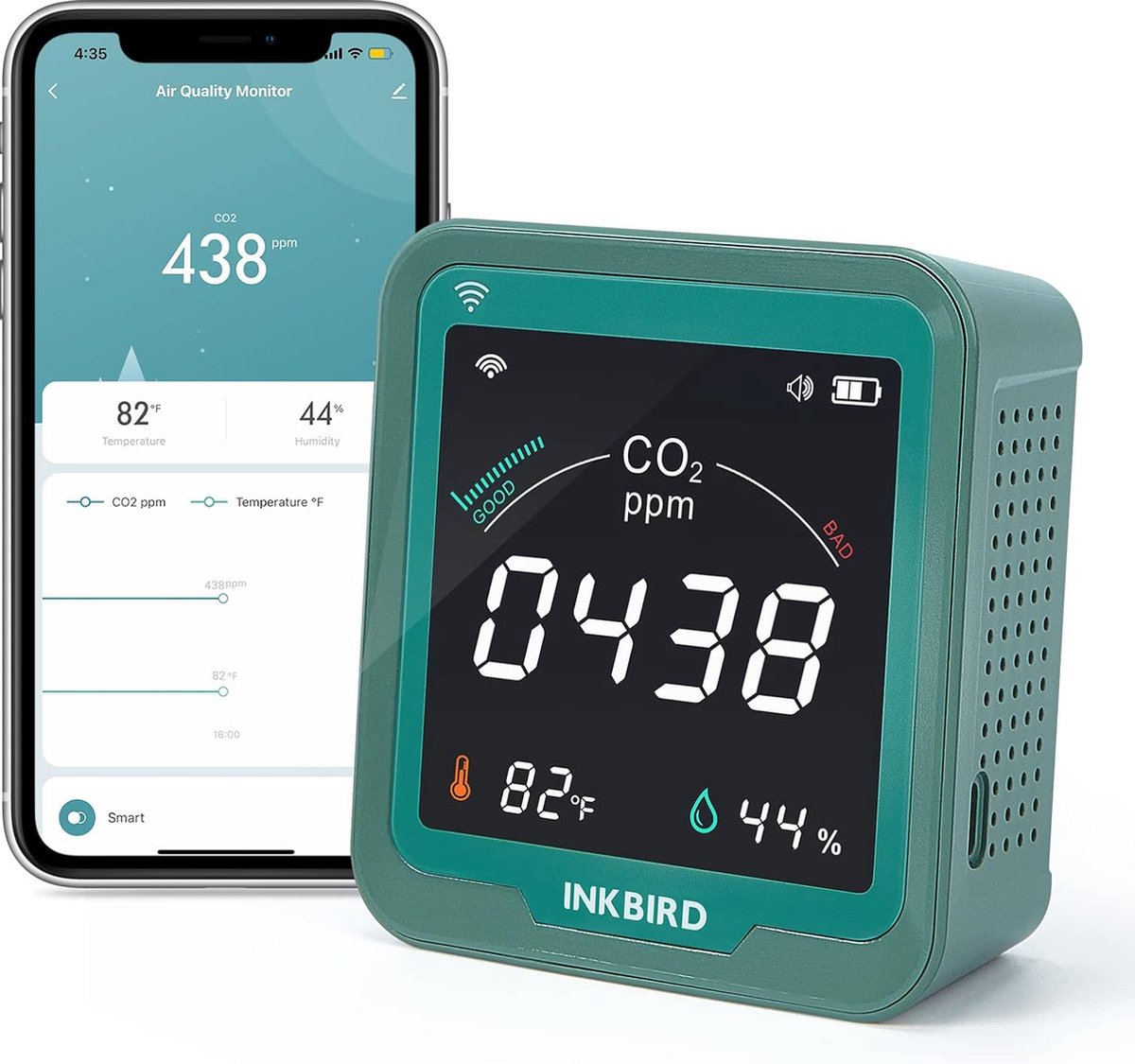 Inkbird WiFi CO2 meter INK-CO2W op een tafel