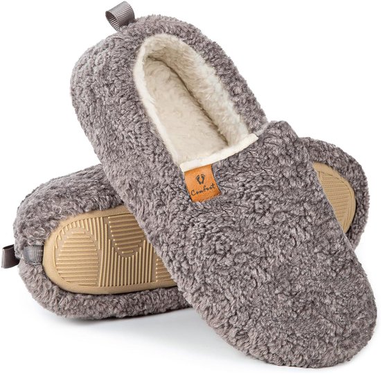 Comfeet grijze instap pantoffel voor dames met fleece voering en antislipzool