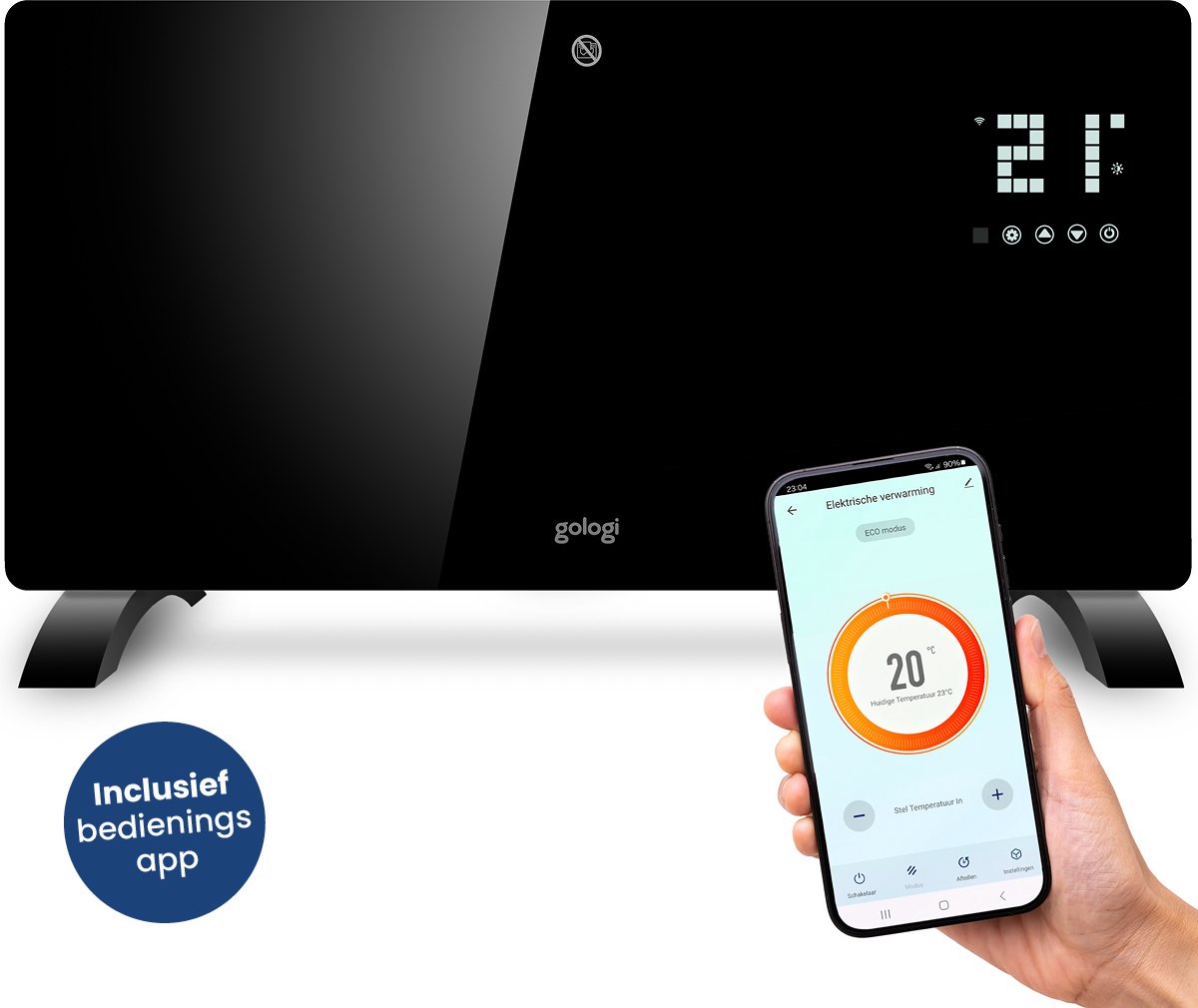 Gologi zwarte convectorkachel 2000W met app- en touchbediening