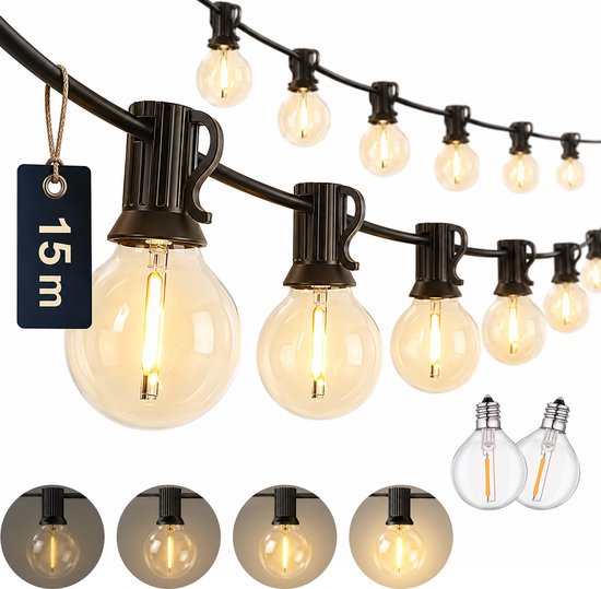 Decens lichtsnoer van 15 meter met ronde warmwitte ledlampjes en reservelampjes