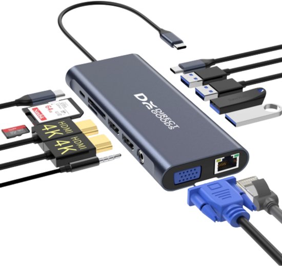 DirectGoods 13-in-1 USB-C docking station in donkergrijs met twee HDMI-poorten