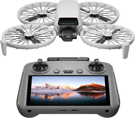 DJI Flip drone met opvouwbare propellerbeschermers naast de RC331-afstandsbediening