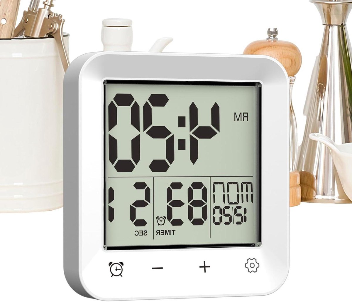 Douchetimer met LCD-scherm, kookwekkerfunctie en temperatuurweergave in het wit