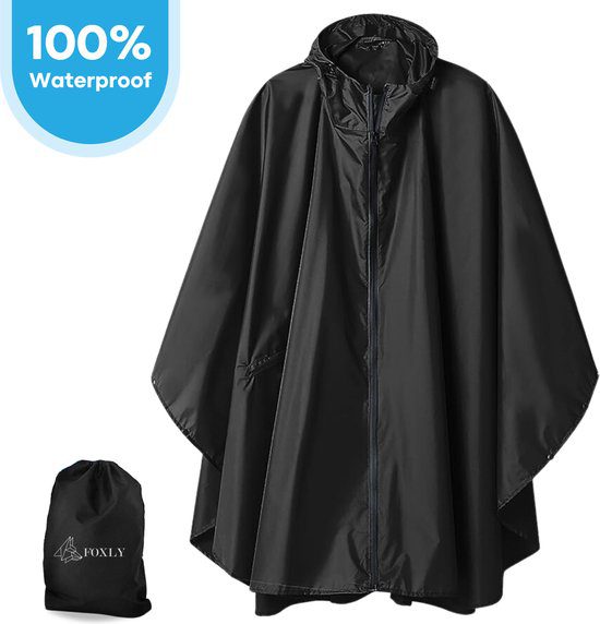 FOXLY regenponcho met rits unisex fietsponcho waterdicht zwart