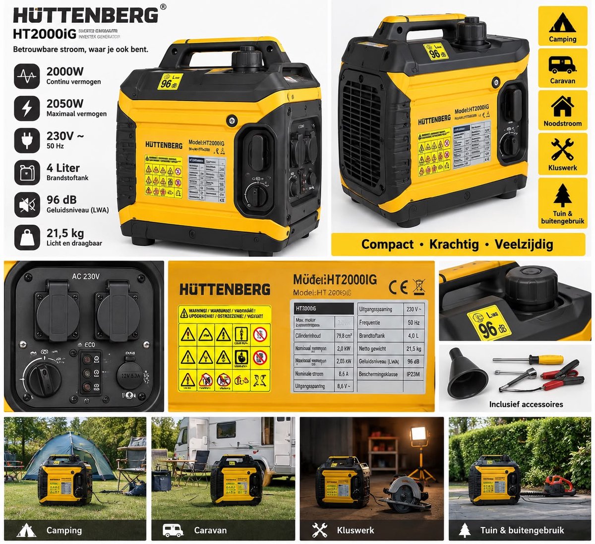 Huttenberg generator van 2000 watt op benzine met 4 liter tank