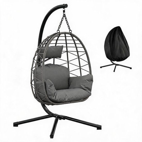 Hoerfuriy egg hangstoel opvouwbaar zwartgrijs metalen frame 150kg inclusief zitkussen beschermhoes