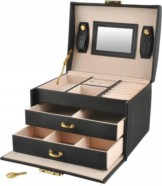 Kleine zwarte sieradenbox met spiegel, twee lades, handvat en slot