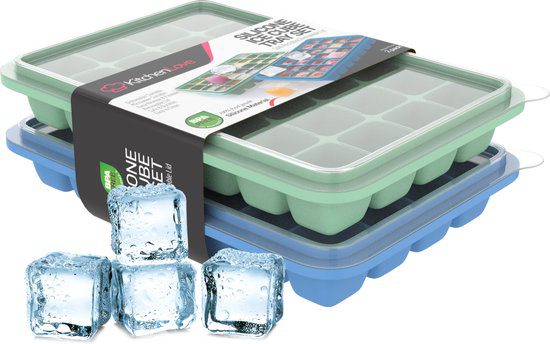 KitchenLove siliconen ijsblokjesvorm met deksel 56 vierkante blokjes groen blauw