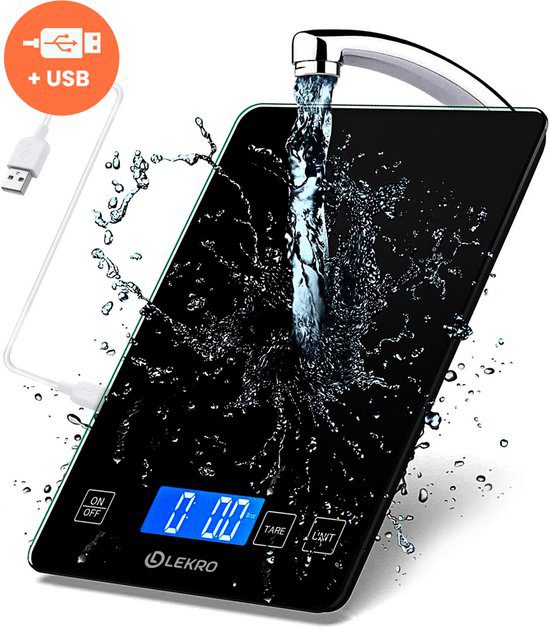 Lekro digitale keukenweegschaal USB oplaadbaar 1g tot 15kg zwart