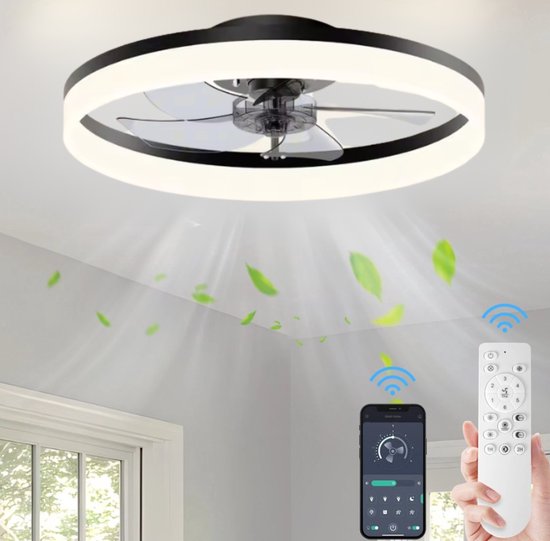 Lichtendirect plafondventilator met dimbare verlichting en app in zwart