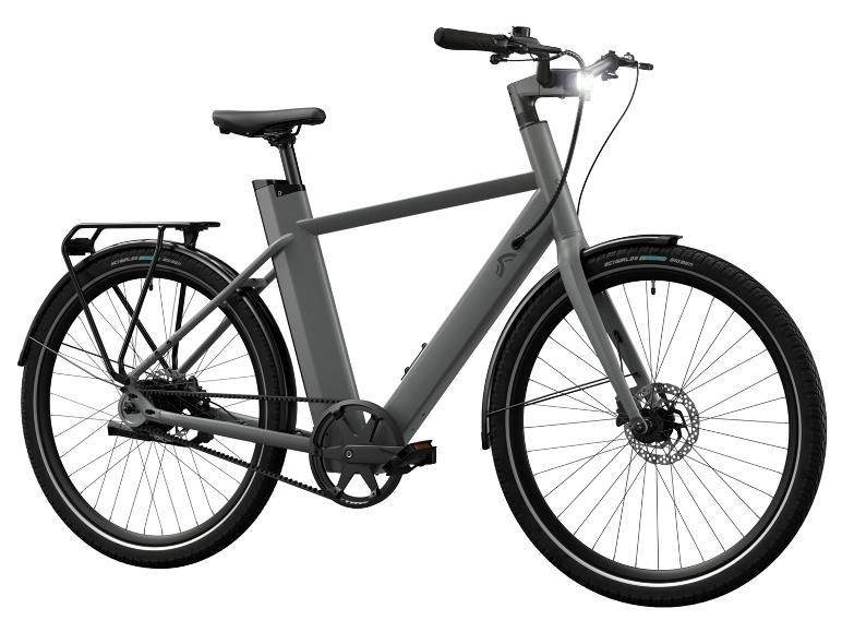 Lidl elektrische fiets Crivit Urban 3.0 X met riemaandrijving in grijs, schuin van voren Lidl elektrische fiets Crivit Urban 3.0 X met riemaandrijving in grijs, schuin van voren