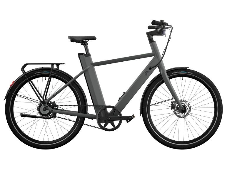Zijaanzicht van de Lidl e-bike Urban X.3 met Gates-riem, bagagedrager en spatborden Zijaanzicht van de Lidl e-bike Urban X.3 met Gates-riem, bagagedrager en spatborden
