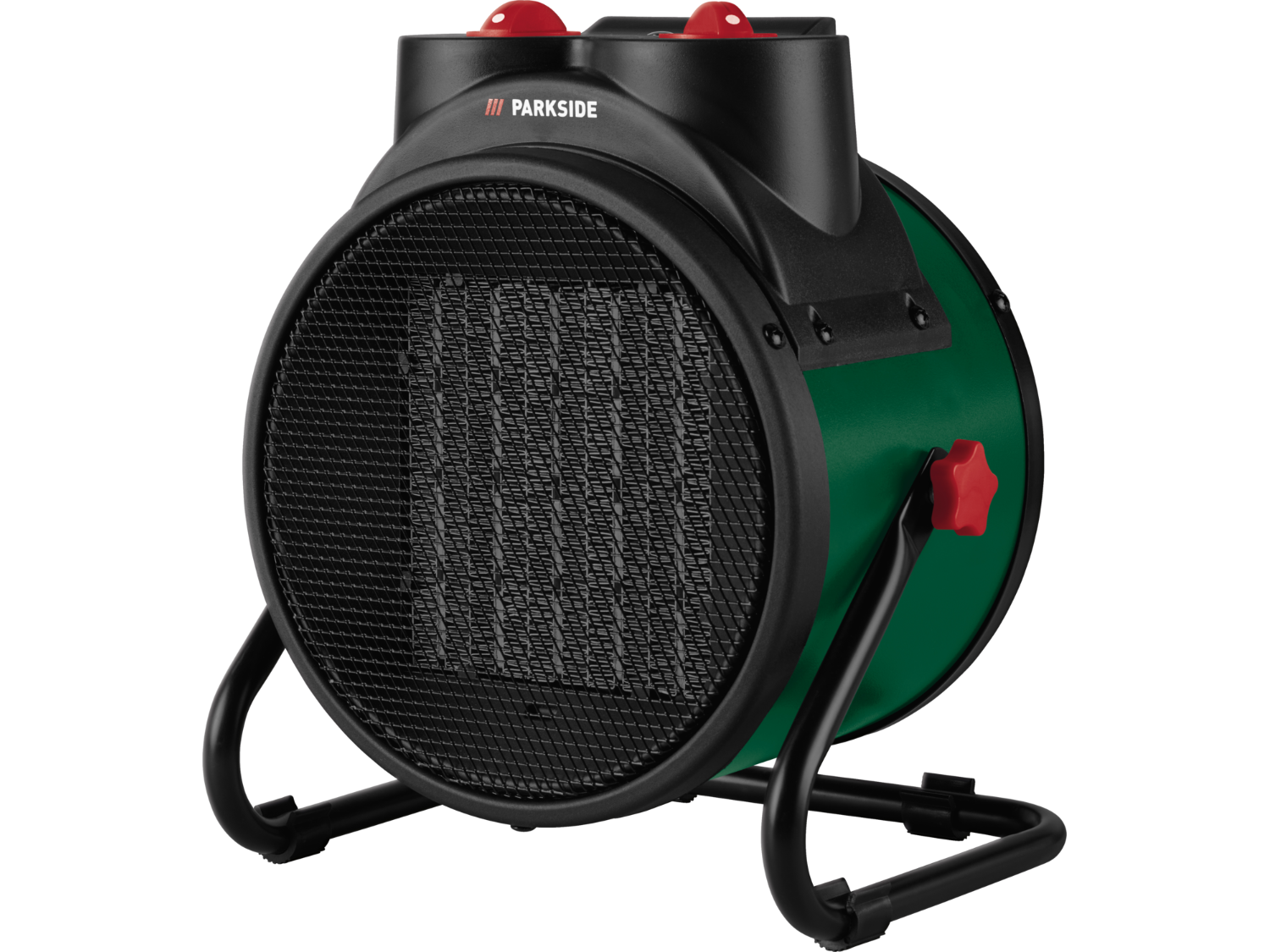 Groen met zwarte Parkside keramische kachel 3000 W van Lidl met rond rooster en handgreep