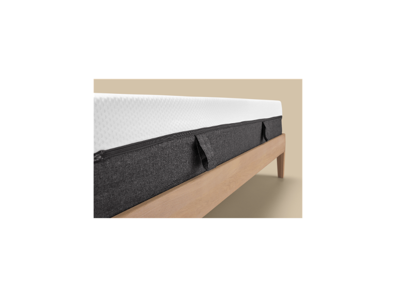 Zijkant van de Lidl matras met donkergrijze stof, rits rondom en handgrepen om te keren