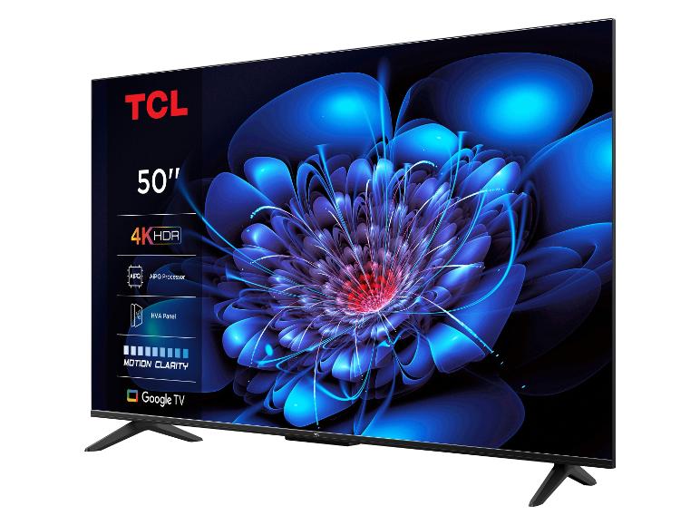 Lidl tv TCL 50P61K van 50 inch met Google TV, schuin van voren op de voet