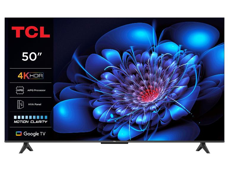 Voorkant van de Lidl tv TCL 50P61K met 4K HDR, HVA-paneel en Google TV op het scherm