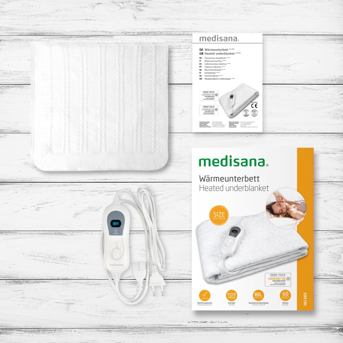 Medisana HU 665 elektrische onderdeken met bediening en verpakking