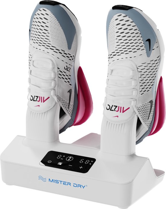 Mister Dry witte schoenendroger met een paar sneakers op de droogarmen Mister Dry witte schoenendroger met een paar sneakers op de droogarmen