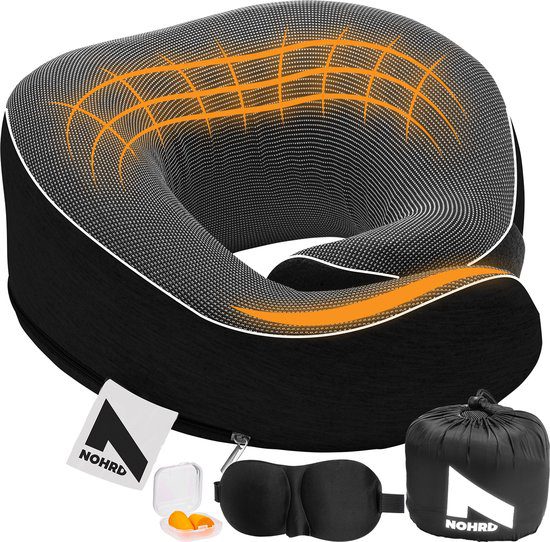 NOHRD nekkussen vliegtuig memory foam zwart inclusief oordopjes slaapmasker reisset