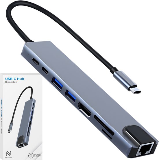 Nuvance 8-in-1 USB-C hub in mat grijs met HDMI, netwerkpoort en kaartlezer