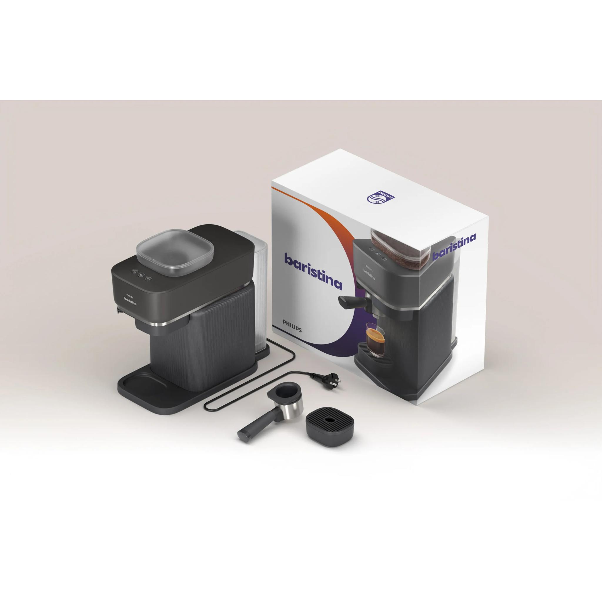 Philips Baristina naast de doos met losse portafilter, lekbak en snoer Philips Baristina naast de doos met losse portafilter, lekbak en snoer