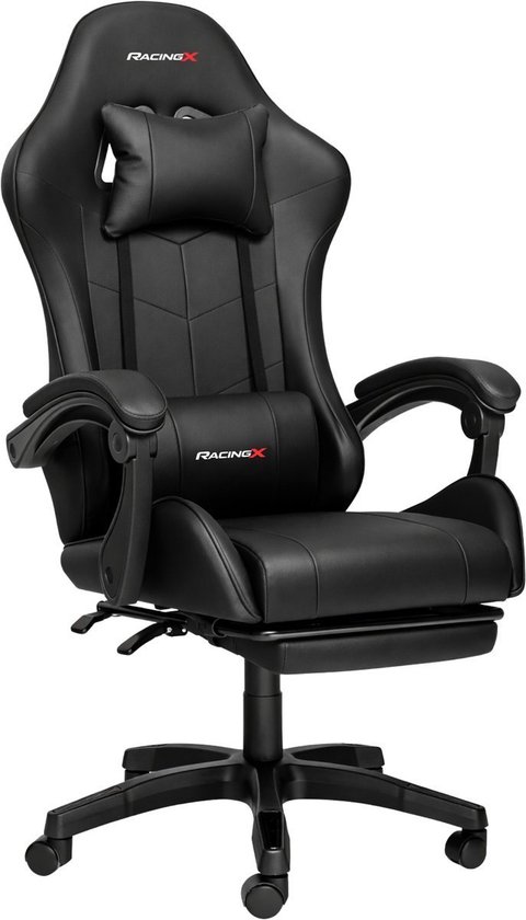 RACINGX game stoel met voetsteun in zwart en wit kunstleer