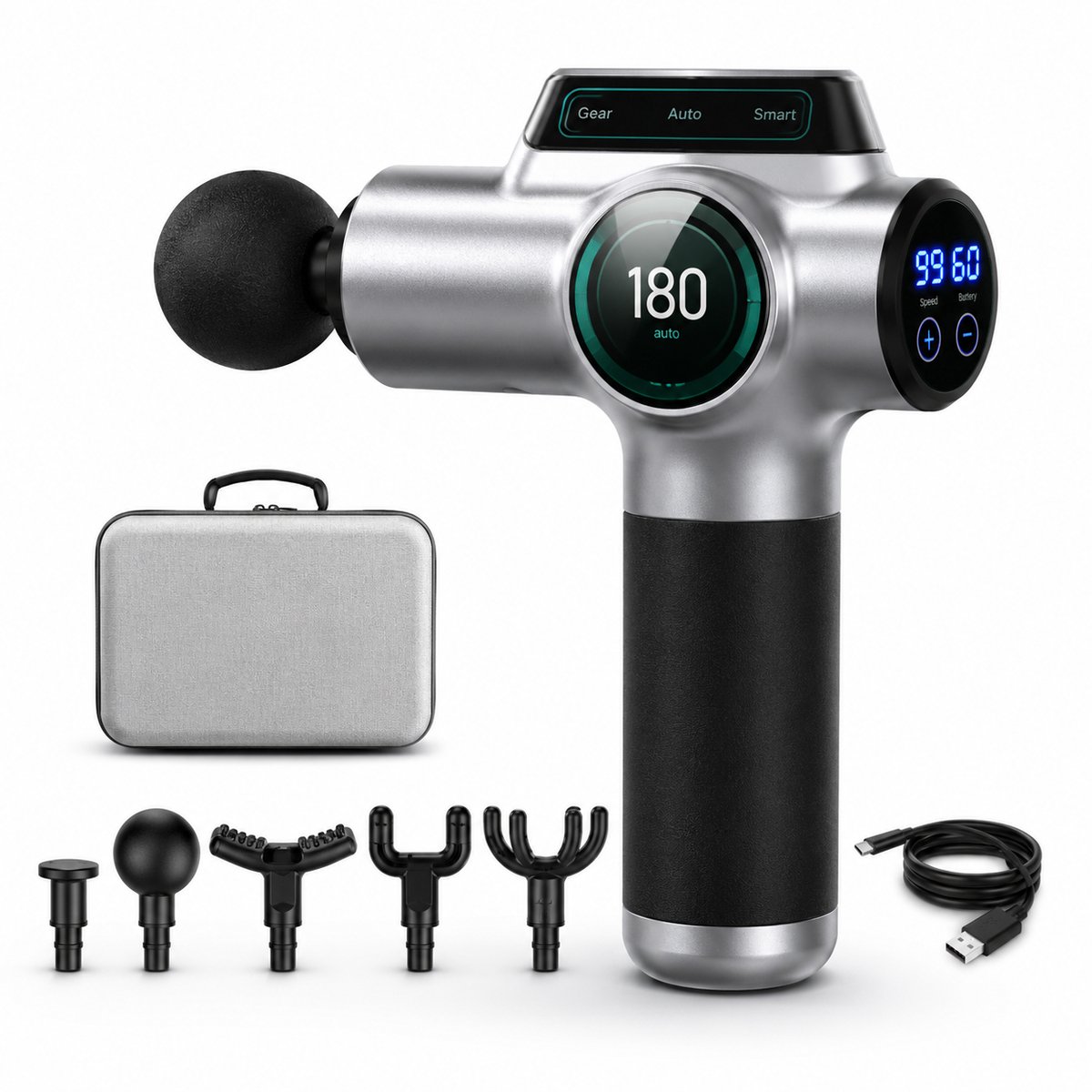 Jurrys massagegun in zilver met LCD-scherm