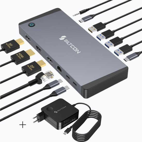 Siltcon 14-in-1 USB-C docking station in space grey met 100W adapter