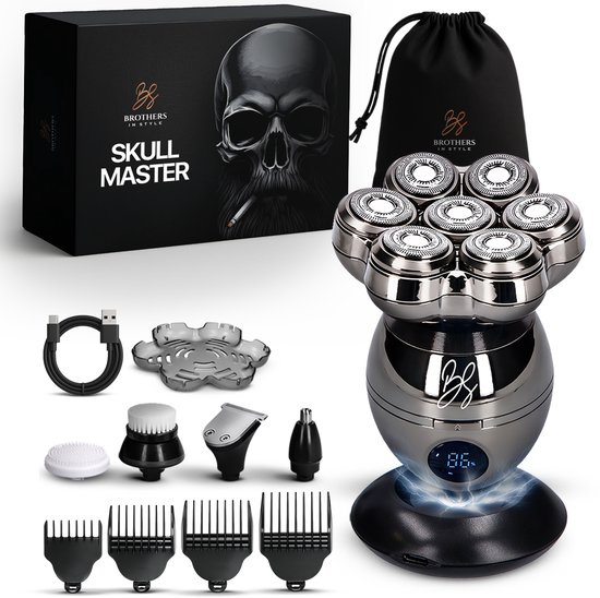 Skull Master Pro 8-in-1 hoofdscheerapparaat met roterende scheerbladen en opzetstukken