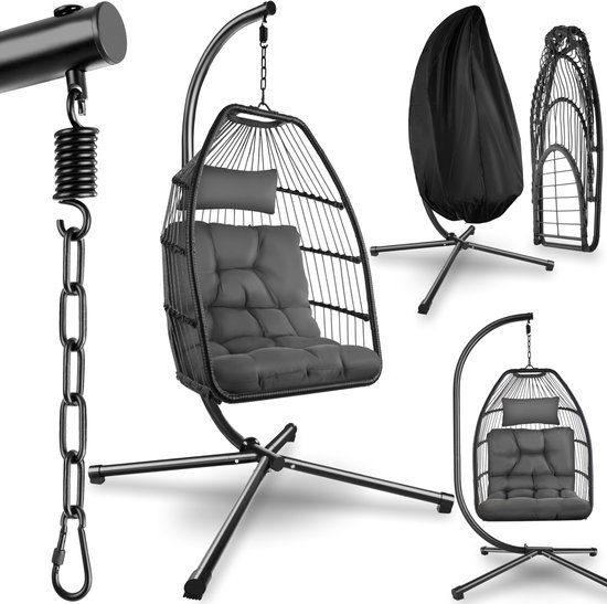 Tectake hangstoel Ariane met standaard en kussens egg cocoon 160kg donkergrijs