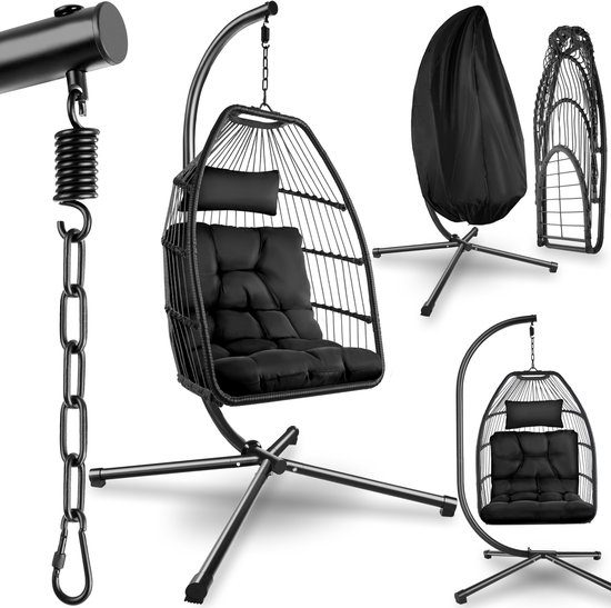 Tectake hangstoel Ariane met standaard en kussens 160kg zwart egg chair