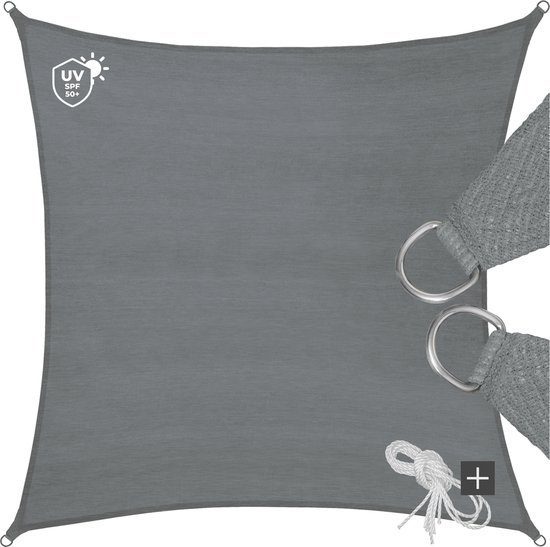 tectake vierkant zonnezeil polyethyleen 360 x 360 cm grijs gespannen over terras