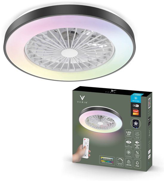 Varin plafondventilator met verlichting zwart Tuya wifi Ø 50 cm