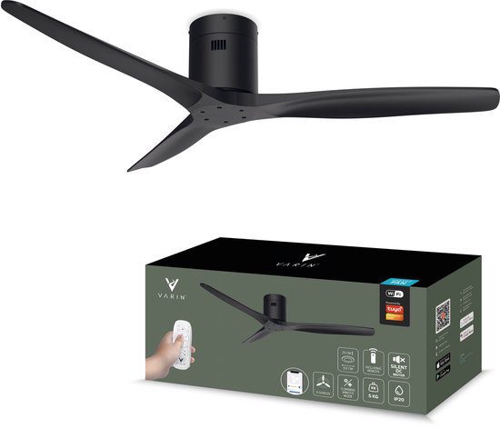 Varin Smart stille plafondventilator zwart met wifi en LED-verlichting