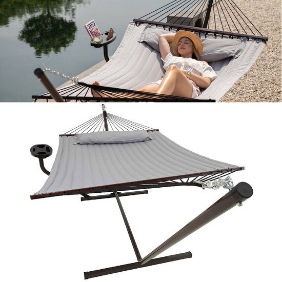Vita5 Hangmat met Standaard en Spreidstok 2-persoons lichtgrijs moderne tuin