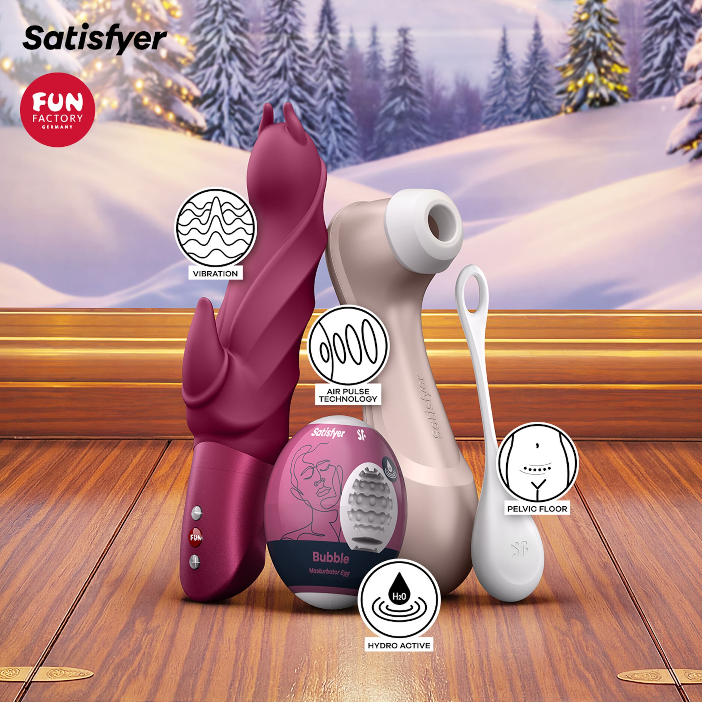 Speeltjes uit de Satisfyer Deluxe Adventskalender van Willie: Darling Devil, Pro 2 en Yoni Power 1