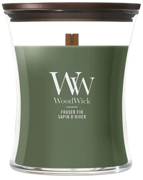 WoodWick Hourglass Medium geurkaars Frasier Fir in groen glas met houten lont