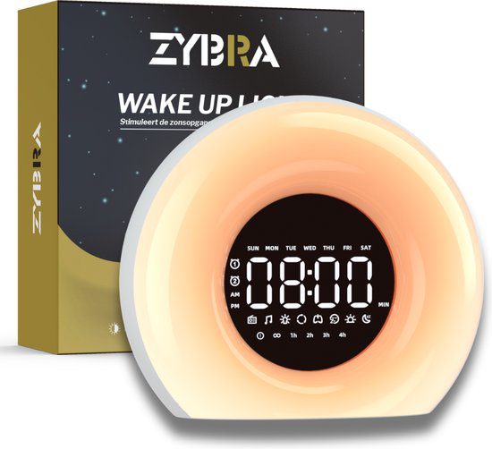 Zybra Premium wake up light digitale wekker met 20 helderheidsniveaus